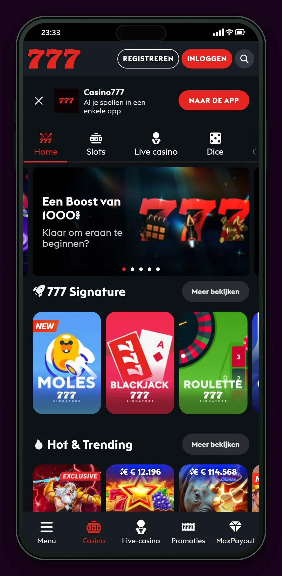 storten met payconiq: 777.be mobiele site, startscherm