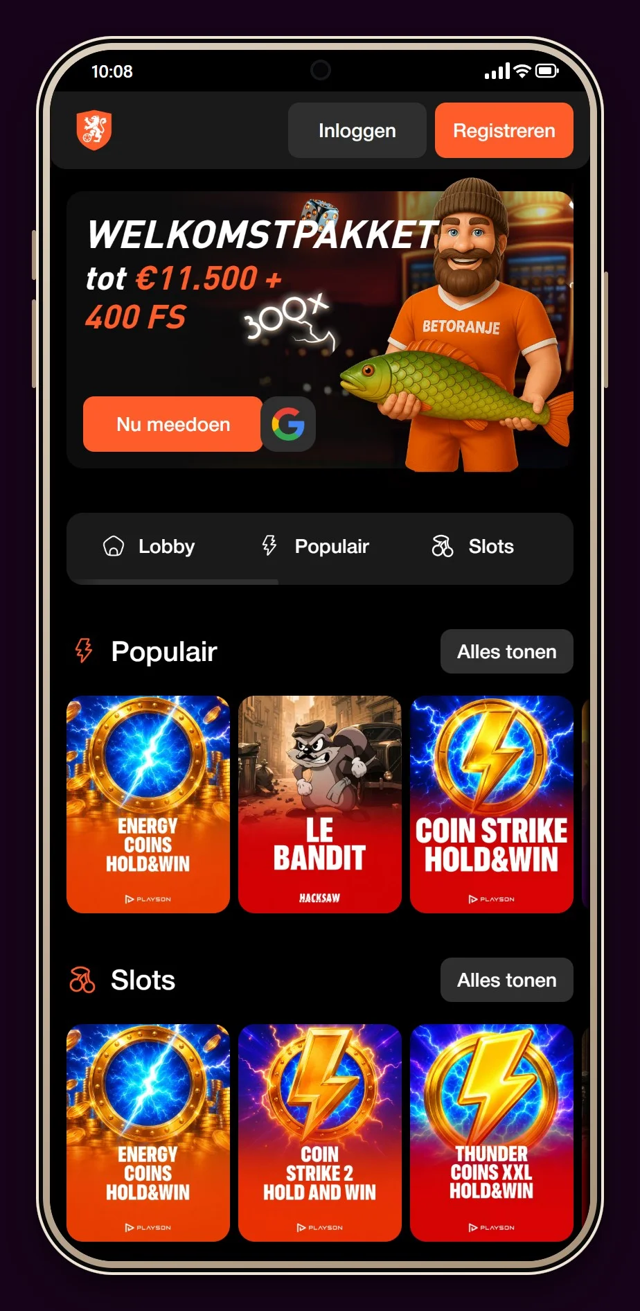 gokken met payconiq: Betoranje mobiele site, lobby