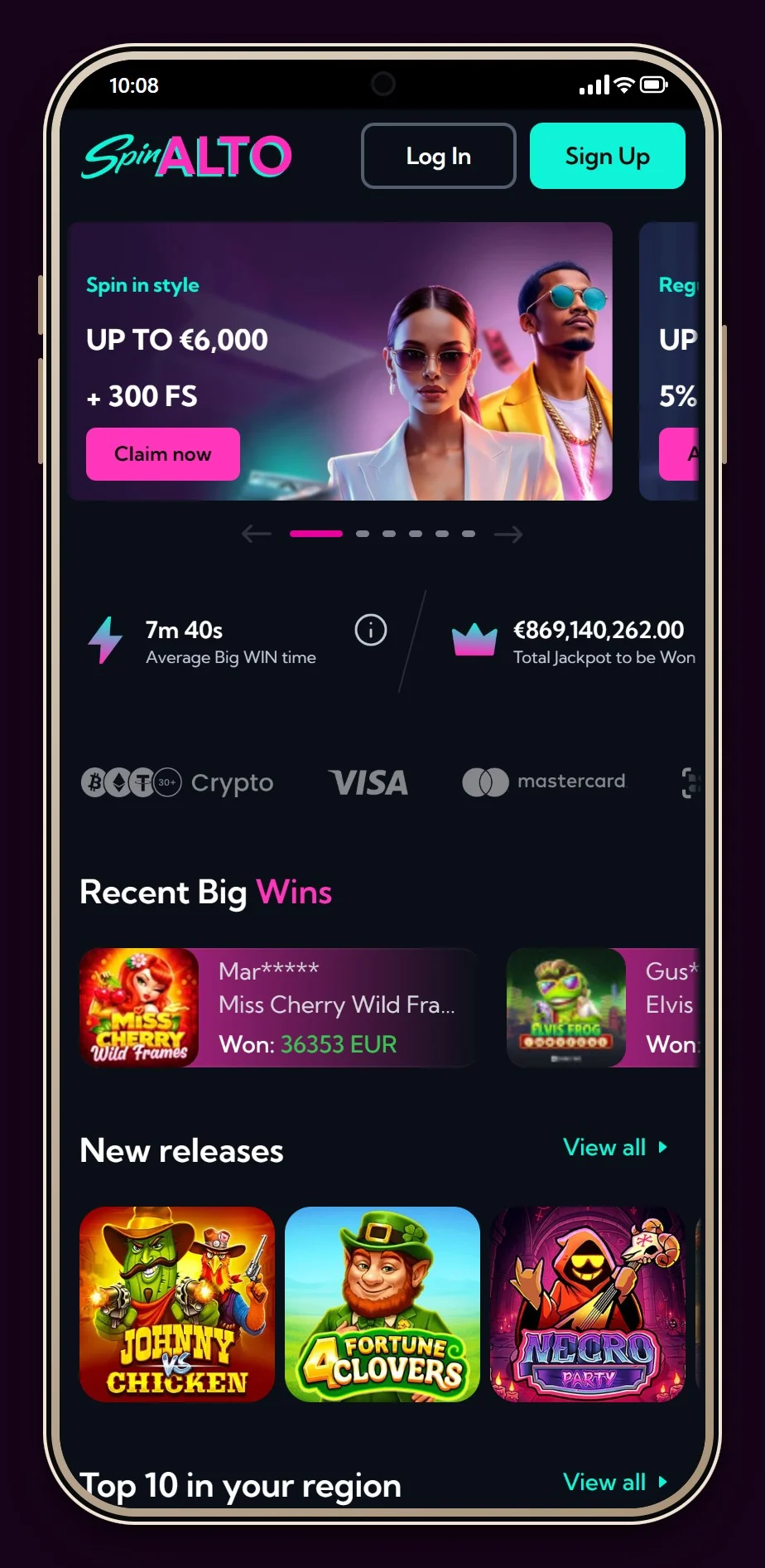 casino met payconiq: SpinAlto mobiel, lobbyscherm