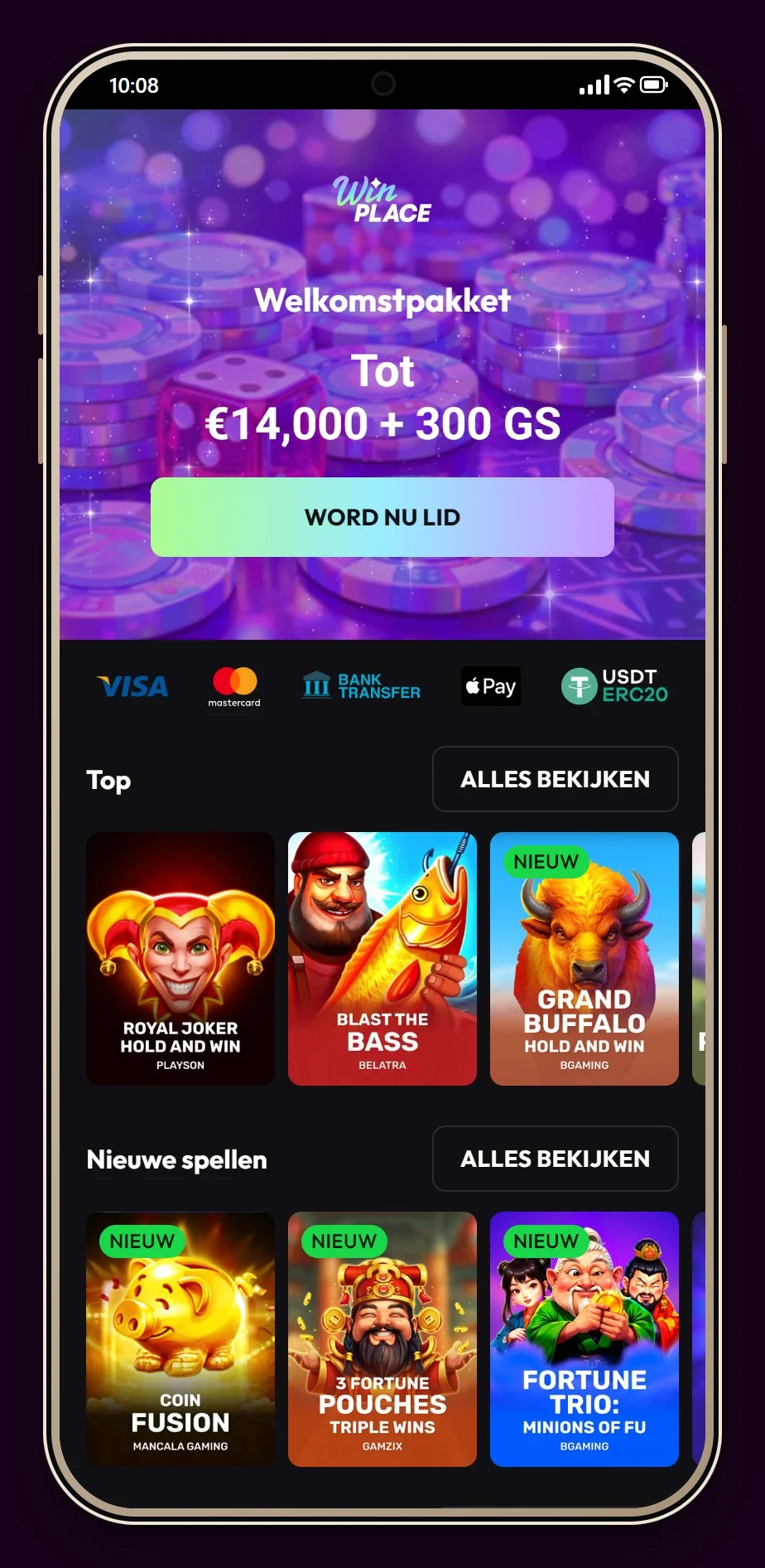 payconiq casino: WinPlace mobiele site, lobby